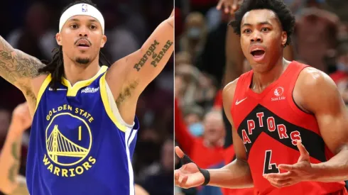 Damion Lee of the Golden State Warriors (left) and Scottie Barnes of the Toronto Raptors (right)