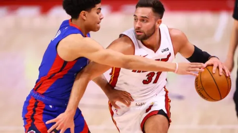 Killian Hayes of Detroit Pistons (left) tries to steal the ball from Max Straus of Miami Heat by Rey del Rio
