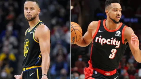 Stephen Curry of the Golden State Warriors (left) and CJ McCollum of the Portland Trail Blazers (right)