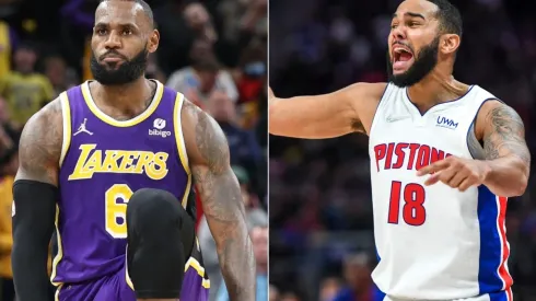 LeBron James of the Los Angeles Lakers (left) and Cory Joseph of the Detroit Pistons (right)
