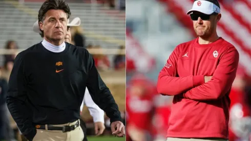 Head coach Mike Gundy of Oklahoma State Cowboys (left) and Head coach Lincoln Riley of Oklahoma Sooners