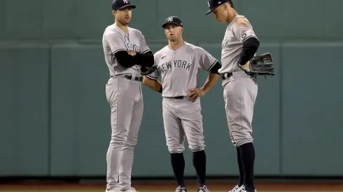 Joey Gallo #13, Brett Gardner #11 and Aaron Judge #99 of the New York Yankees
