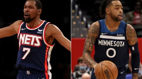 Kevin Durant of the Brooklyn Nets (left) and D'Angelo Russell of the Minnesota Timberwolves (right)
