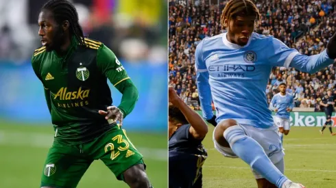 Yimmi Chara of Portland Timbers (left) and Tayvon Gray of New York City FC