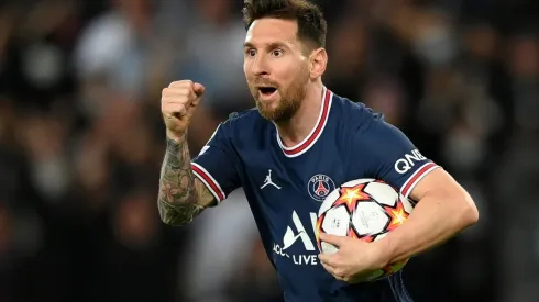 Lionel Messi of PSG celebrates after scoring a goal.