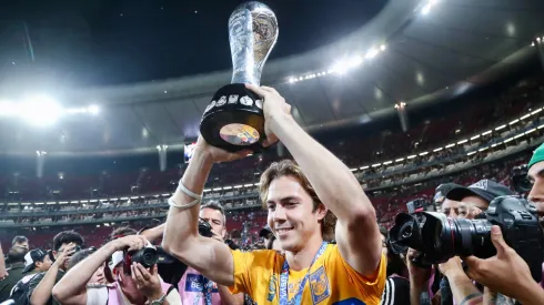Francisco Córdova of Tigres lifts the champions trophy in 2023.