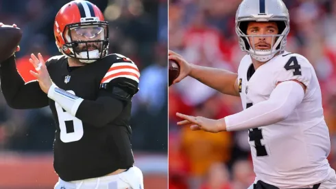 Baker Mayfield of the Cleveland Browns (left) and Derek Carr of the Las Vegas Raiders (right)