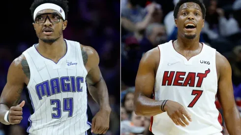 Wendell Carter Jr. of the Orlando Magic (left) and Kyle Lowry of the Miami Heat (right)