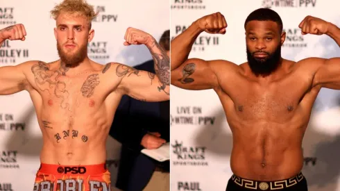 Jake Paul and Tyron Woodley at the weigh-in ceremony