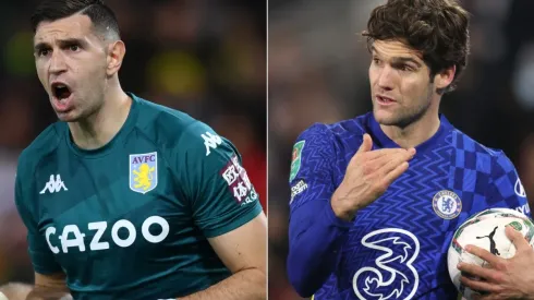 Emiliano Martinez of Aston Villa (left) and Marcos Alonso of Chelsea (right)