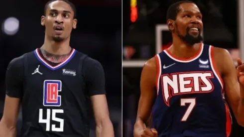 Keon Johnson of the Clippers (left) and Kevin Durant of the Nets (right)