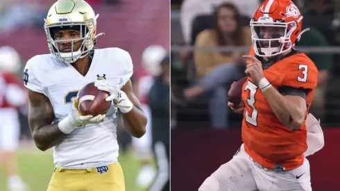 Notre Dame Fighting Irish running back Chase Ketterer (left) and Oklahoma State Cowboys quarterback Spencer Sanders (right)