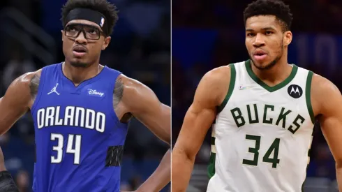 Wendell Carter Jr. of the Orlando Magic (left) and Giannis Antetokounmpo of the Milwaukee Bucks.