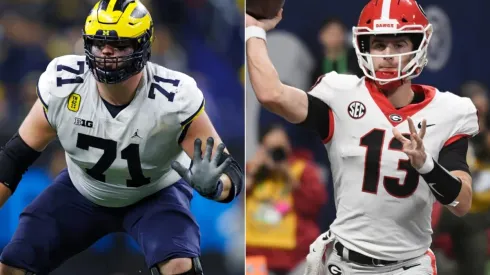 Michigan Wolverines offensive lineman Andrew Stueber (left) and Georgia Bulldogs Quarterback Stetson Bennett (right)