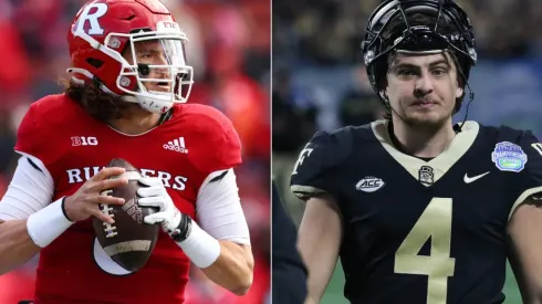 Quarterback Noah Vedral of the Rutgers Scarlet Knights (left) and Nick Sciba kicker of Wake Forest (right)