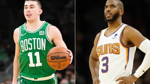 Payton Pritchard of the Boston Celtics (left) and Chris Paul of the Phoenix Suns (right)