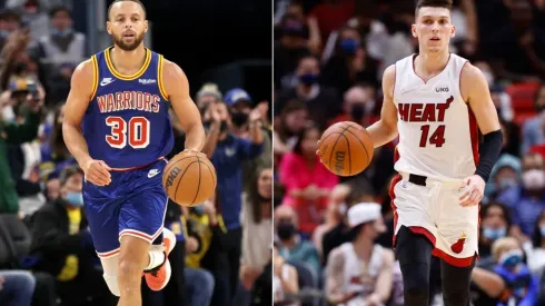 Stephen Curry (left) of Golden State Warriors and Tyler Herro (right) of Miami Heat