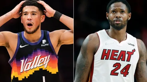 Devin Booker of the Phoenix Suns (left) and Haywood Highsmith of the Miami Heat (right)