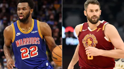 Andrew Wiggins of the Golden State Warriors (left) and Kevin Love of the Cleveland Cavaliers (right)