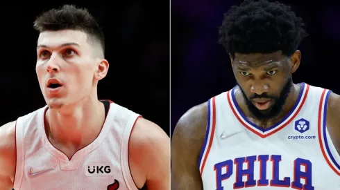 Tyler Herro of the Miami Heat and Joel Embiid of the Philadelphia 76ers