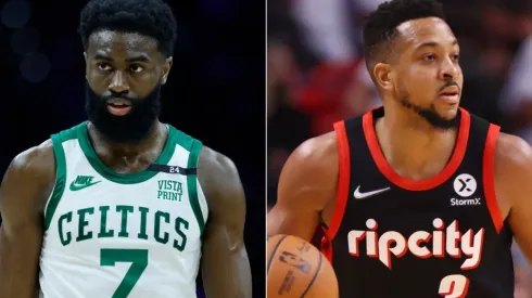 Jaylen Brown of the Boston Celtics (left) and CJ McCollum of the Portland Trail Blazers (right)