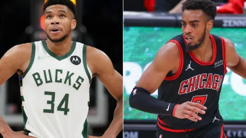 Giannis Antetokounmpo of the Milwaukee Bucks (left) and Troy Brown of the Chicago Bulls (right)