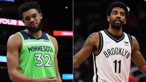 Karl-Anthony Towns of the Minnesota Timberwolves and Kyrie Irving of the Brooklyn Nets