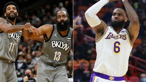 Kyrie Irving and James Harden of the Brooklyn Nets and LeBron James of the Los Angeles Lakers