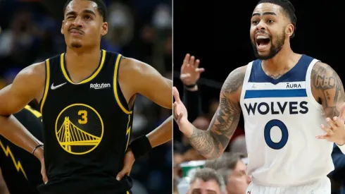 Jordan Poole of the Golden State Warriors (left) and D'Angelo Russell of the Minnesota Timberwolves (right)