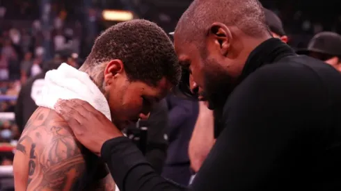 Floyd Mayweather (R) and Gervonta Davis talk after the WBA World Lightweight Championship title bout