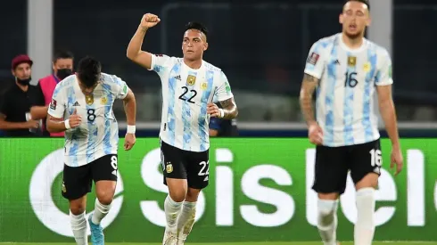 Lautaro Martinez celebrates his game-winning goal for Argentina against Colombia.