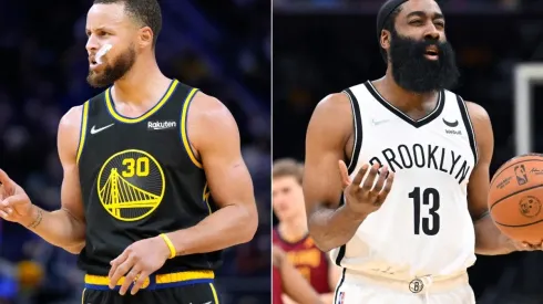 Stephen Curry of the Golden State Warriors and James Harden of the Brooklyn Nets