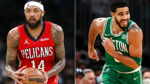 Brandon Ingram of the New Orleans Pelicans and Jayson Tatum of the Boston Celtics