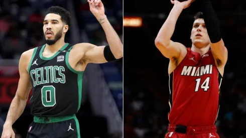 Jayson Tatum of the Boston Celtics and Tyler Herro of the Miami Heat