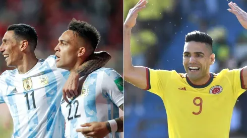 Angel Di Maria and Lautaro Martinez of Argentina and Radamel Falcao of Colombia
