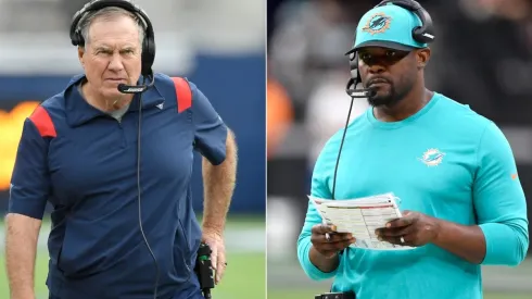 Bill Belichick of New England (left) and Brian Flores