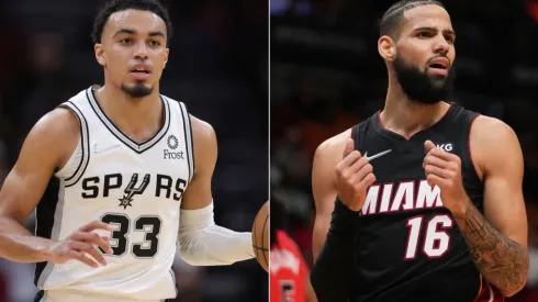Tre Jones of the San Antonio Spurs (left) and Caleb Martin of the Miami Heat (right)