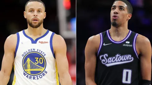 Stephen Curry of the Golden State Warriors (left) and Tyrese Haliburton of the Sacramento Kings (right)