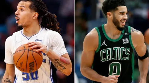 Cole Anthony of the Orlando Magic and Jayson Tatum of the Boston Celtic