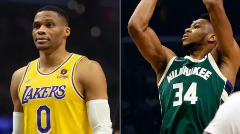 Russell Westbrook of Los Angeles Lakers and Giannis Antetokounmpo of the Milwaukee Bucks
