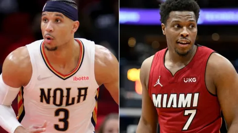 Josh Hart of the New Orleans Pelicans (left) and Kyle Lowry of the Miami Heat (right)