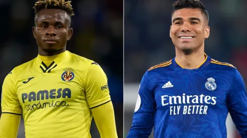 Samu Chukwueze of Villarreal (left) and Casemiro of Real Madrid (right)