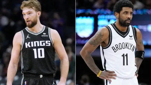 Domantas Sabonis of the Sacramento Kings and Kyrie Irving of the Brooklyn Nets