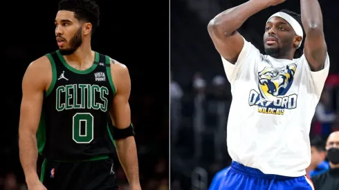 Jayson Tatum of the Boston Celtics and Jerami Grant of the Detroit Pistons