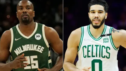 Serge Ibaka of the Milwaukee Bucks (left) and Jayson Tatum of the Boston Celtics (right)