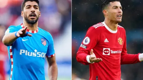Luis Suarez of Club Atletico de Madrid and Cristiano Ronaldo of Manchester United