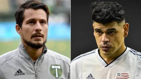 Sebastian Blanco of Portland Timbers (left) and Gustavo Bou of New England Revolution.