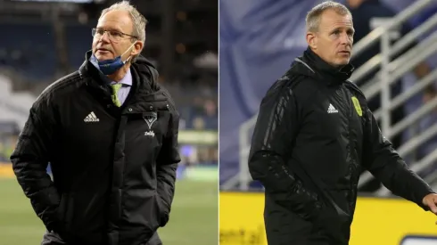 Sounders head coach Brian Schmetzer (left) and Nashville manager Gary Smith.