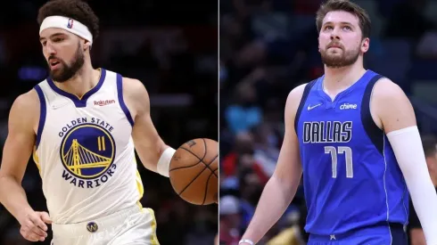 Klay Thompson of the Golden State Warriors and Luka Doncic of the Dallas Mavericks