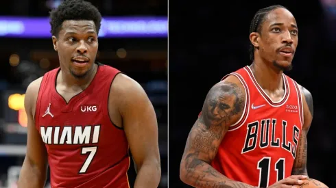 Kyle Lowry of the Miami Heat and DeMar DeRozan of the Chicago Bulls